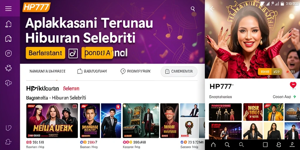 Antarmuka HP777 menampilkan berita selebriti terkini dengan desain menarik.