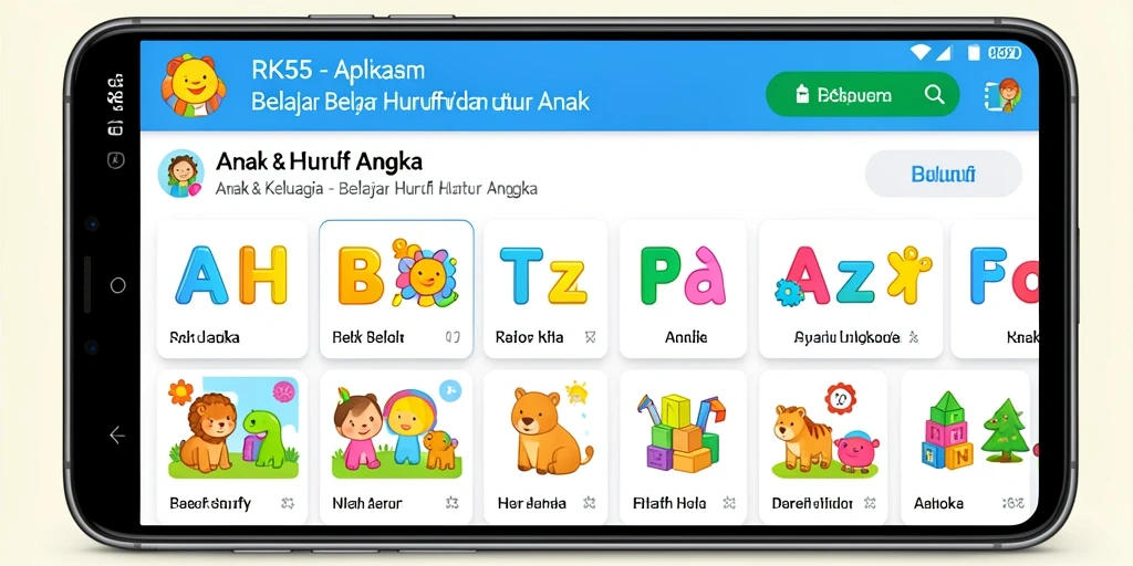Antarmuka aplikasi RK55 yang interaktif untuk belajar huruf dan angka.